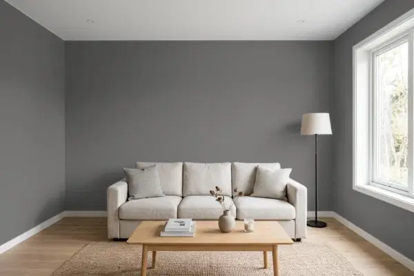 Living room with walls painted Benjamin Moore Overcoat CC-544 (simulated)