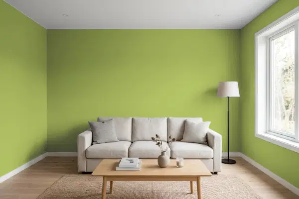 Living room with walls painted Sherwin-Williams Overt Green SW 6718 (simulated)