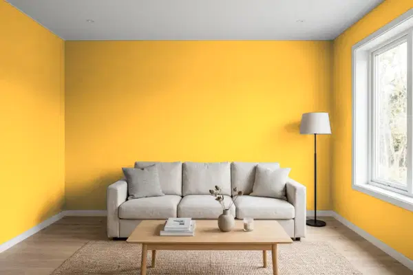 Living room with walls painted Benjamin Moore Oxford Gold 315 (simulated)
