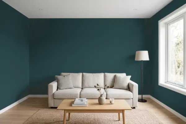 Living room with walls painted Benjamin Moore Pacific Sea Teal 2049-10 (simulated)