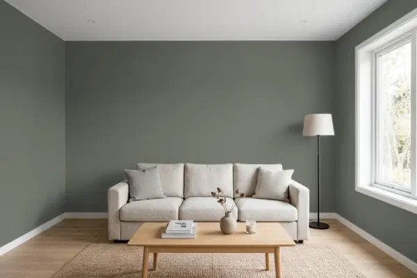 Living room with walls painted Behr Painted Turtle 710F-6 (simulated)