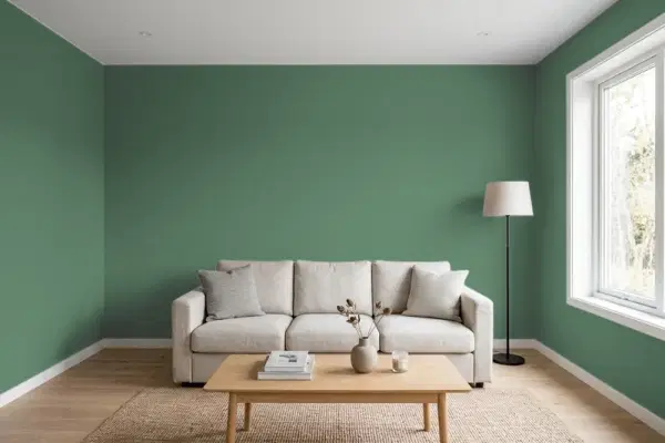 Living room with walls painted PPG Paints Painted Turtle 1133-6 (simulated)