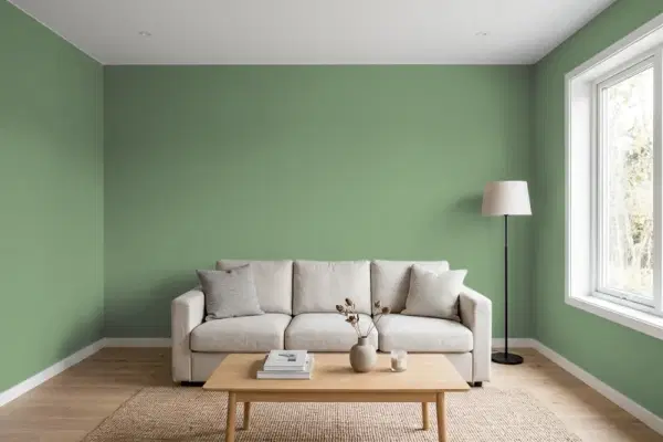 Living room with walls painted Benjamin Moore Palace Green CW-520 (simulated)
