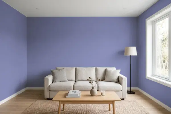 Living room with walls painted Behr Palace Purple 630D-6 (simulated)
