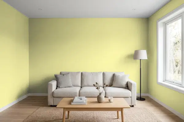 Living room with walls painted Benjamin Moore Pale Avocado 2146-40 (simulated)