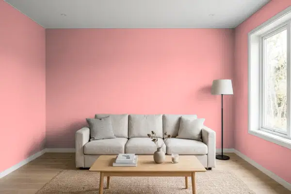 Living room with walls painted Behr Pale Berry 150D-4 (simulated)