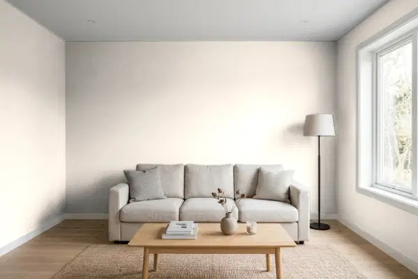 Living room with walls painted Behr Pale Cashmere PPU2-04 (simulated)