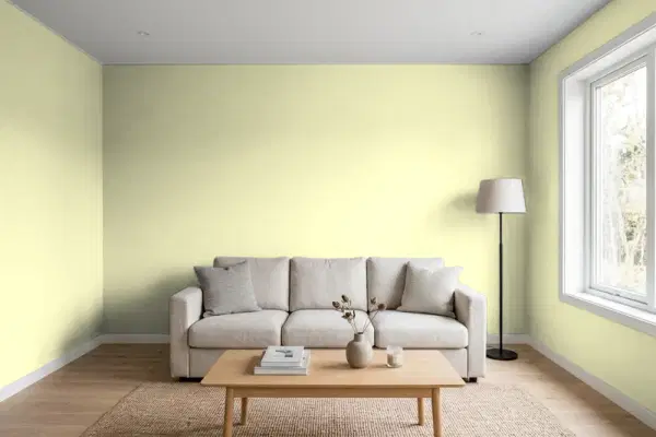 Living room with walls painted Behr Pale Green Grape M340-3 (simulated)