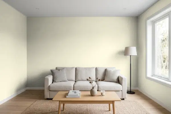 Living room with walls painted Behr Pale Lichen PPL-79 (simulated)