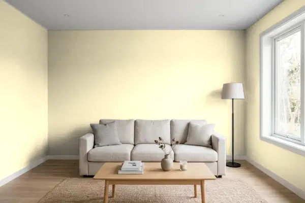 Living room with walls painted Valspar Pale Maize 3005-8C (simulated)