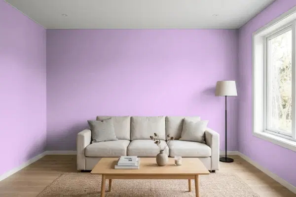Living room with walls painted Behr Pale Orchid 660B-4 (simulated)