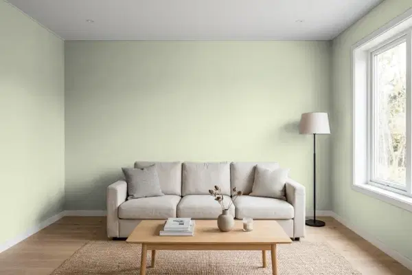 Living room with walls painted PPG Paints Pale Pine 1030-2 (simulated)