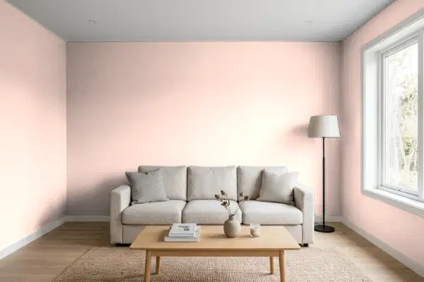 Living room with walls painted Benjamin Moore Pale Pink Satin 008 (simulated)