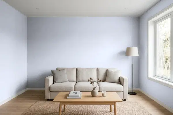 Living room with walls painted PPG Paints Pale Violet 1168-3 (simulated)