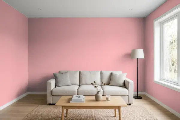 Living room with walls painted Benjamin Moore Palermo Rose 1278 (simulated)
