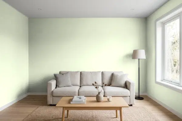 Living room with walls painted Behr Palm Breeze 420E-2 (simulated)