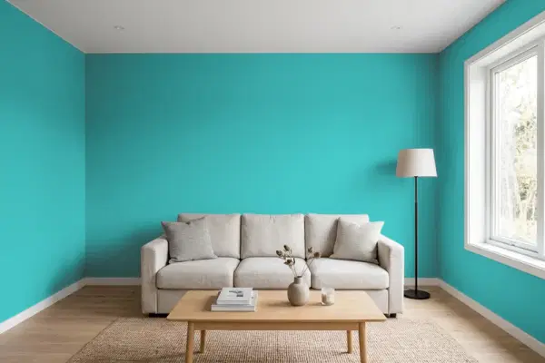Living room with walls painted Benjamin Moore Palm Coast Teal 733 (simulated)