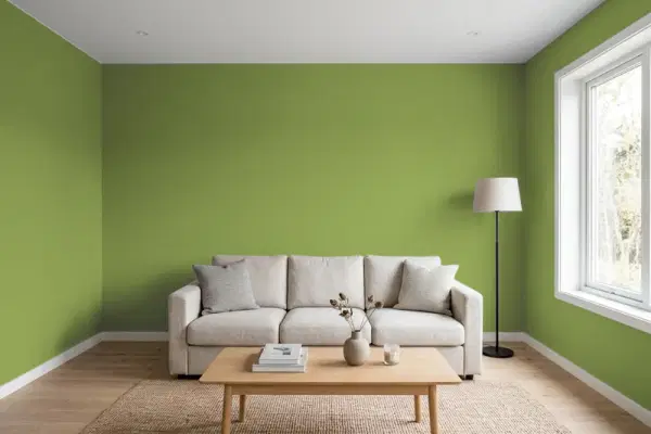 Living room with walls painted Valspar Palm Leaf 6003-6C (simulated)