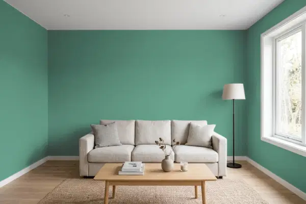 Living room with walls painted Benjamin Moore Palm Trees 642 (simulated)