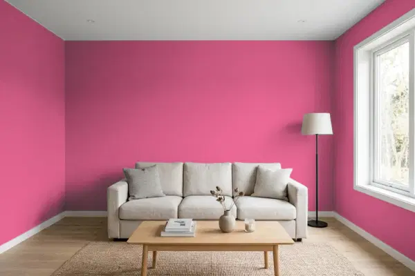 Living room with walls painted PPG Paints Panama Rose 1181-7 (simulated)
