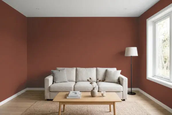 Living room with walls painted Benjamin Moore Pancake Syrup 2104-10 (simulated)