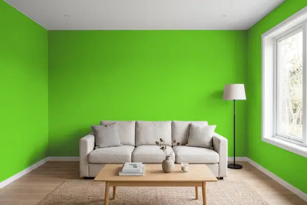 Living room with walls painted Benjamin Moore Paradise Green 2031-20 (simulated)