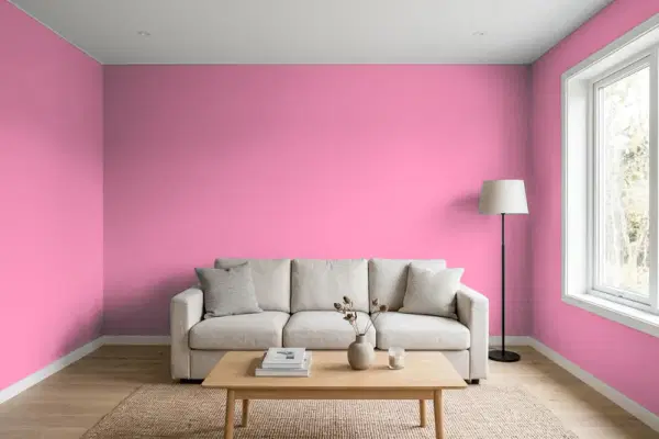 Living room with walls painted Benjamin Moore Paradise Pink 2078-40 (simulated)