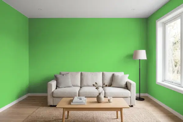 Living room with walls painted Benjamin Moore Paradise Valley 559 (simulated)