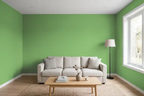 Living room with walls painted Behr Parakeet MQ4-47 (simulated)
