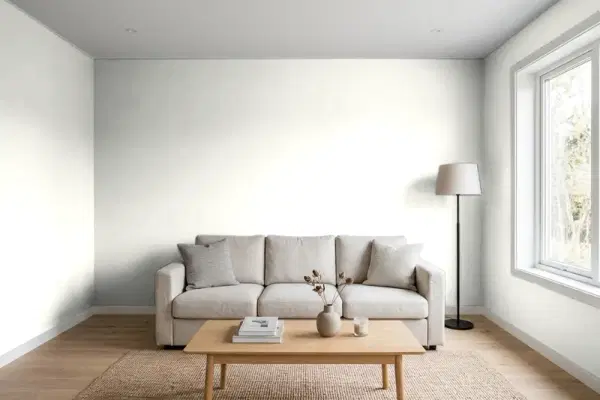 Living room with walls painted Valspar Paramount White 7006-22 (simulated)