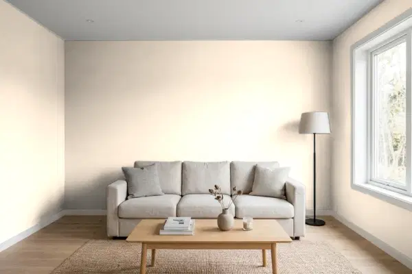 Living room with walls painted Benjamin Moore Parchment OC-78 (simulated)