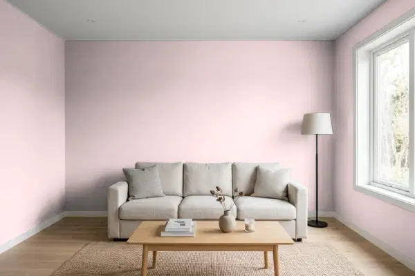 Living room with walls painted Benjamin Moore Paris Romance 1262 (simulated)
