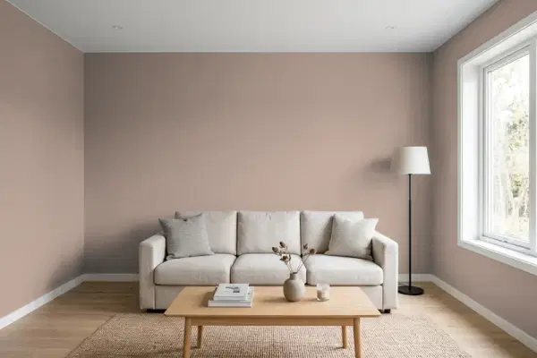Living room with walls painted Behr Parisian Cafè MQ2-33 (simulated)