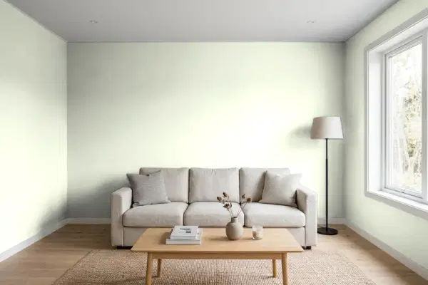 Living room with walls painted Valspar Parisian Mist 7005-6 (simulated)