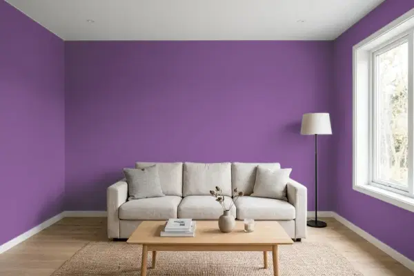 Living room with walls painted Sherwin-Williams Passionate Purple SW 6981 (simulated)