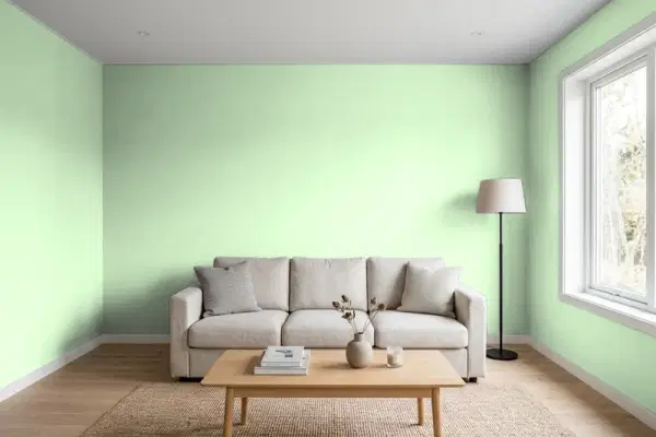 Living room with walls painted Benjamin Moore Pastel Green 548 (simulated)