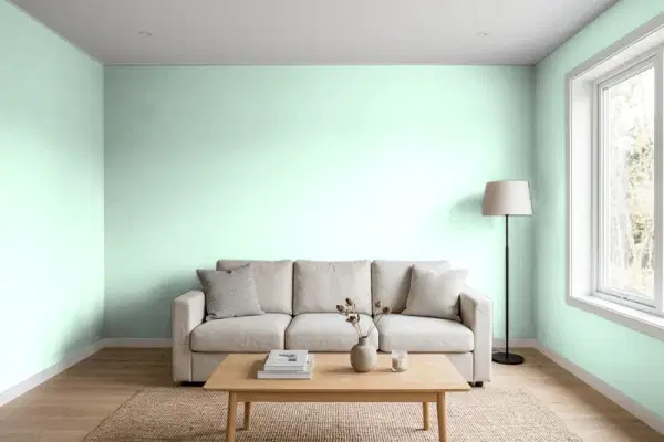 Living room with walls painted Behr Pastel Jade 480C-2 (simulated)