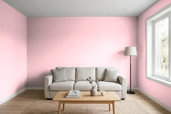 Living room with walls painted Benjamin Moore Pastel Pink 2007-60 (simulated)