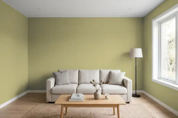 Living room with walls painted PPG Paints Pea Soup 1114-5 (simulated)