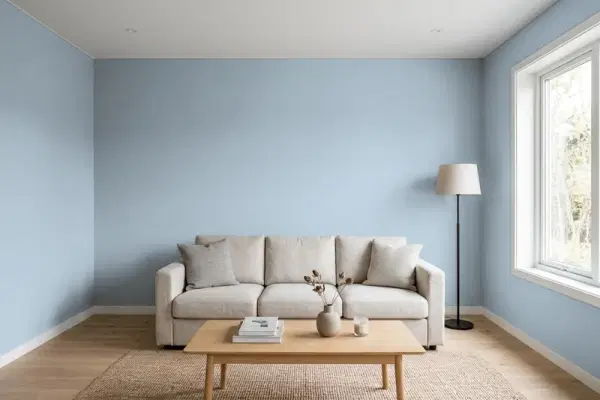 Living room with walls painted PPG Paints Peace 10-28 (simulated)