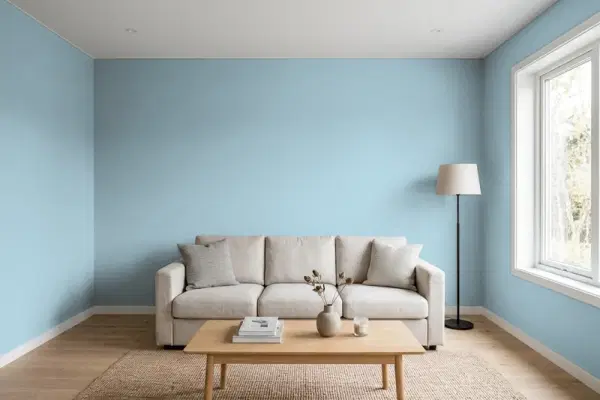 Living room with walls painted Behr Peaceful Blue S470-3 (simulated)