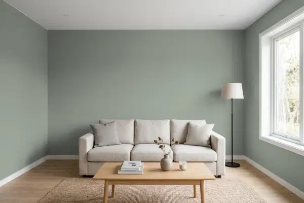 Living room with walls painted Behr Peaceful Glade PPF-34 (simulated)