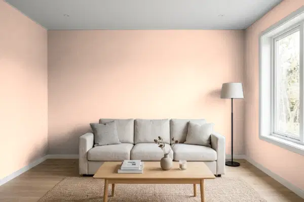 Living room with walls painted Sherwin-Williams Peach Blossom SW 6624 (simulated)