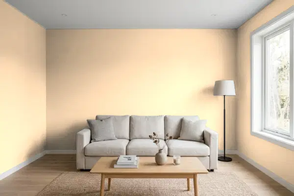 Living room with walls painted Benjamin Moore Peach Complexion 115 (simulated)
