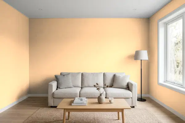Living room with walls painted Benjamin Moore Peach Jam 130 (simulated)