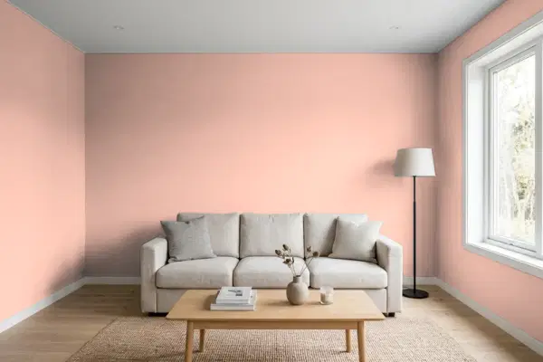Living room with walls painted Benjamin Moore Peach Mousse 1199 (simulated)
