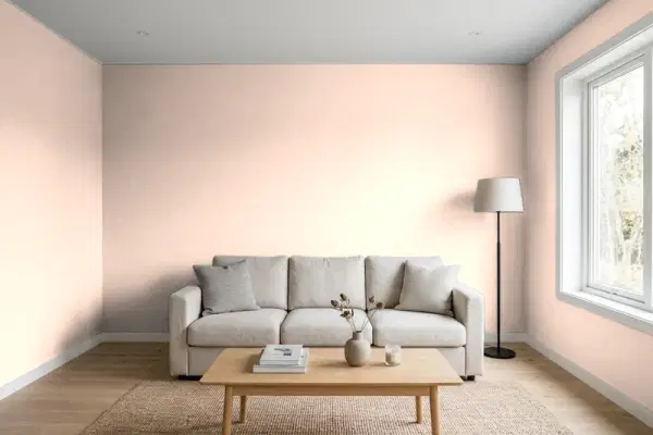 Living room with walls painted Behr Peach Sachet M200-1 (simulated)