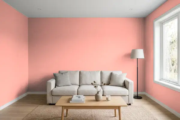 Living room with walls painted Behr Peach Tile 170D-4 (simulated)
