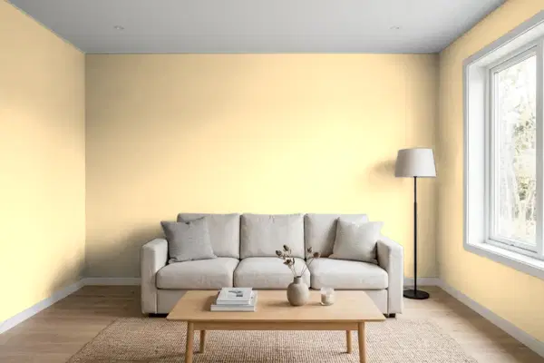Living room with walls painted Benjamin Moore Peach Yogurt 150 (simulated)