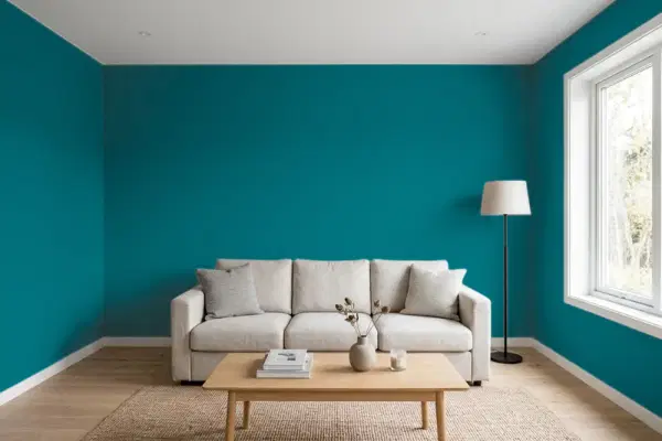 Living room with walls painted Behr Peacock Tail S-H-520 (simulated)